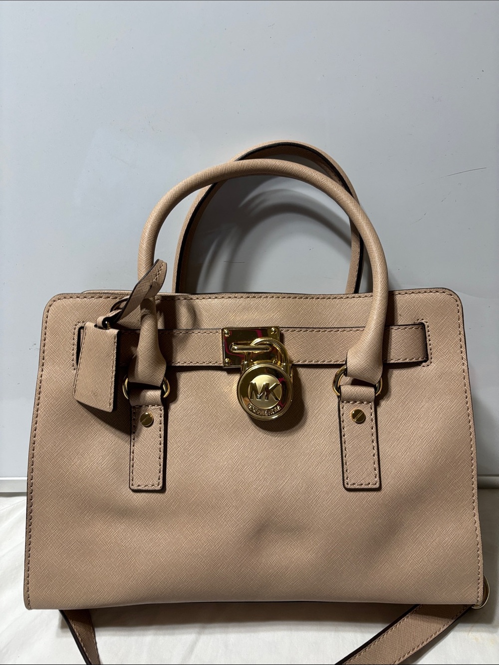 Michael Kors Blush Saffiano Leather Satchel with Gold Hardware.